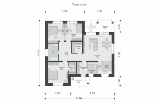 Проект одноэтажного дома с террасой, 3 спальнями и отделкой облицовочным кирпичом